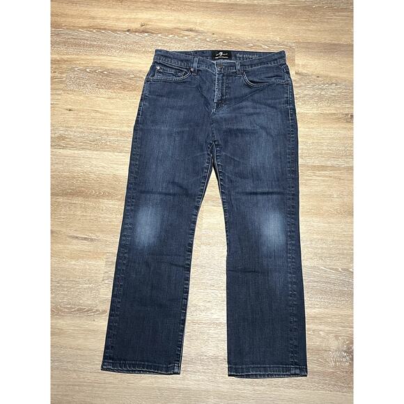 7 for all Mankind The Straight Womens 5 Pocket Jeans 32 Dark Wash Distressed EUC - Picture 9 of 16